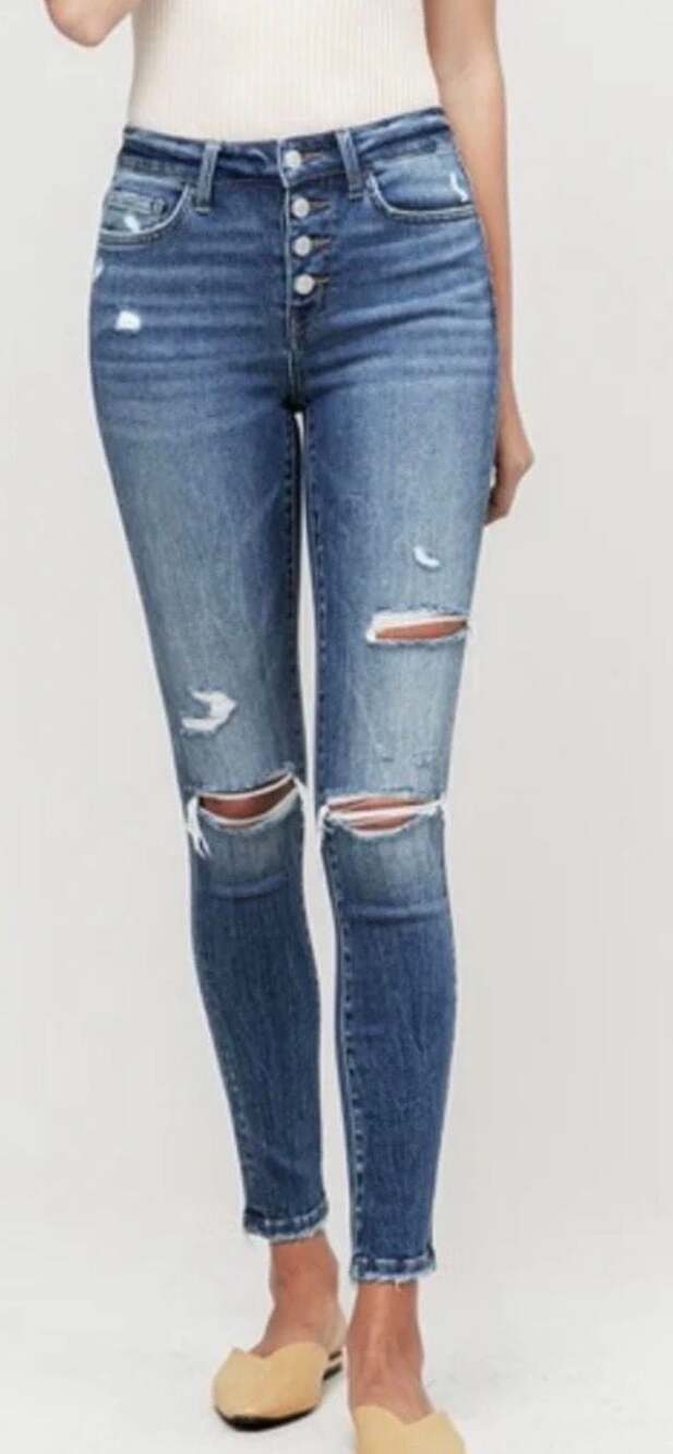Vervet Amber Mid-Rise Distressed Button Fly Skinny Jeans